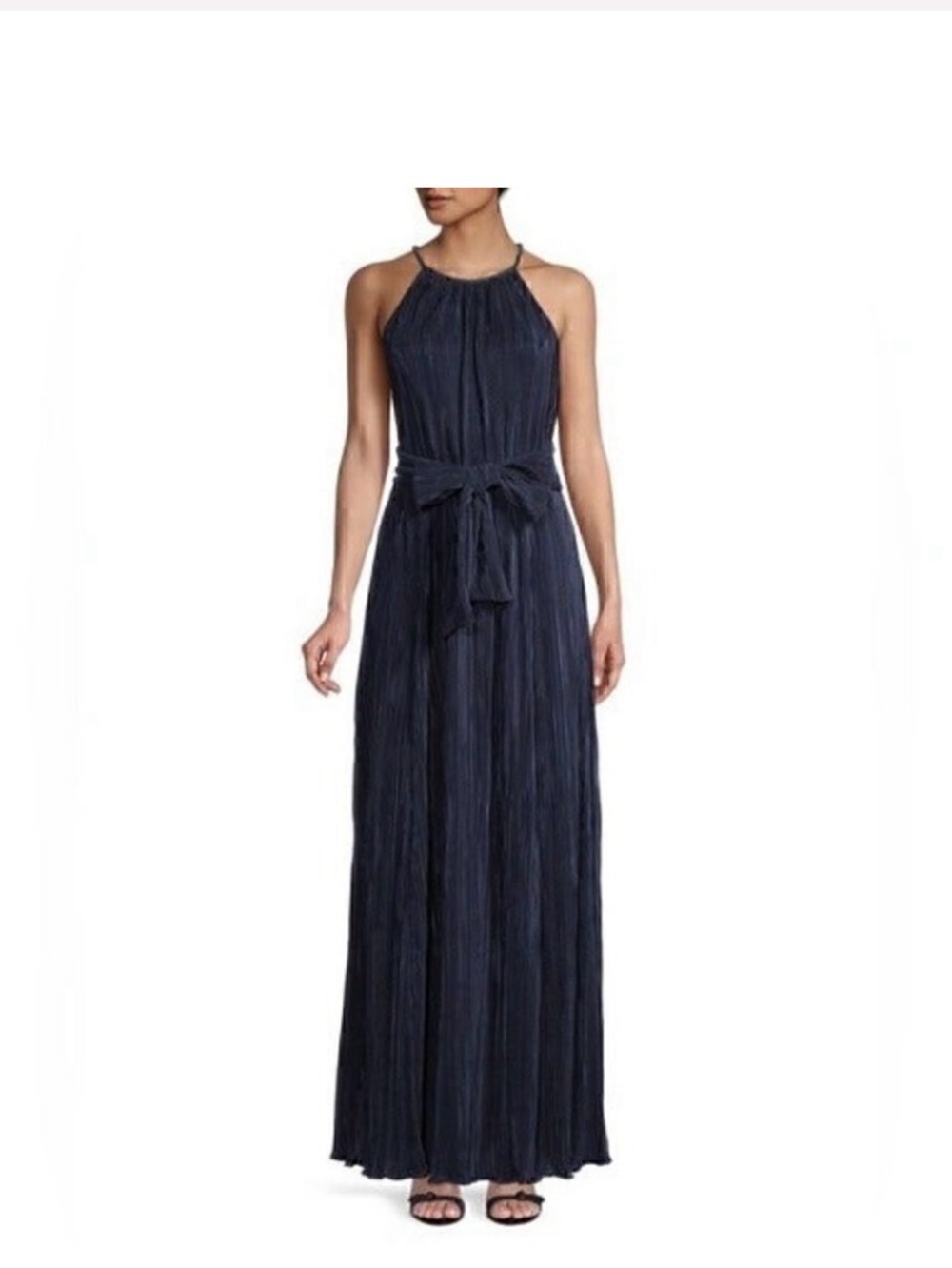 DKNY Embellished-Trim Pleated Halter Gown  belted gown dress navy size 6